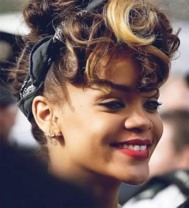 Rihanna-inspired pineapple hairstyle with a bandana 